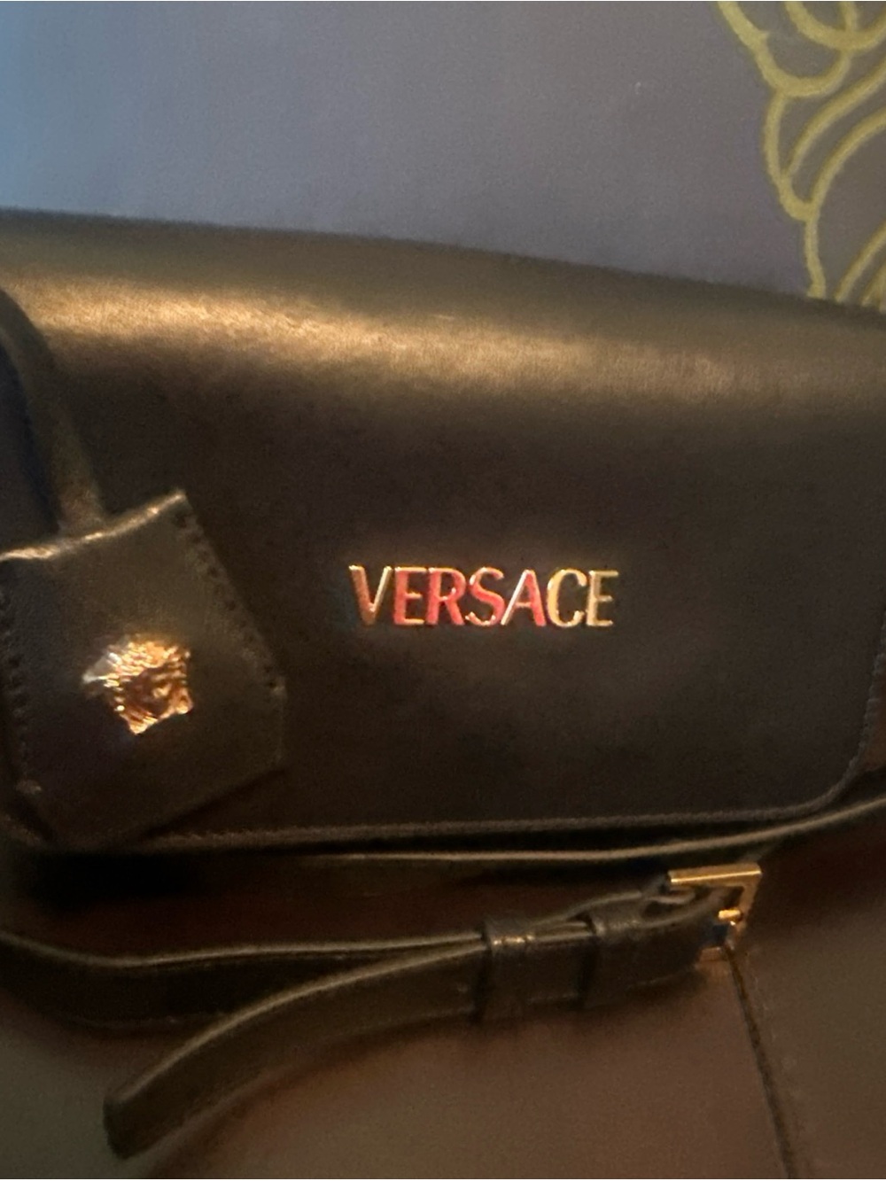 Versace Tag Mini Black Leather Crossbody Bag with Gold Logo